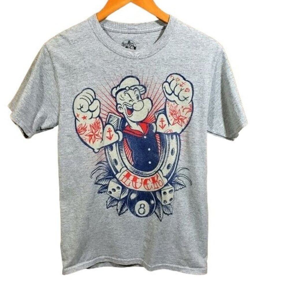 Popeye Women T-Shirt Graphic Tattoo Luck Horseshoe Gray DT9404 Size Small S 78ch